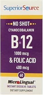 Superior Source No Shot B-12 &amp; Folic Acid (1,000mcg/400mcg, 60 Microlingual Tablets)
