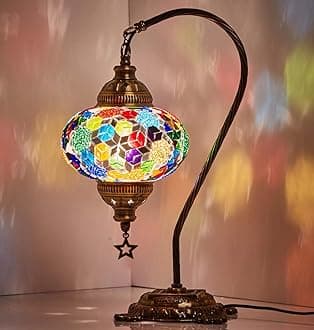 (33 Colors) DEMMEX Turkish Moroccan Mosaic Table Lamp with US Plug & Socket, Swan Neck Handmade Desk Bedside Table Night Lamp Decorative Tiffany Lamp Light, Antique Color Body (29)