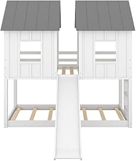 MERITLINE Twin Over Twin Bunk Beds with Slide, House Bunk Bed for Kids with Roof and Windows,Wood Floor Bunk Beds with Guard Rails, Toddlers Bunk Beds for Girls Boys (White)