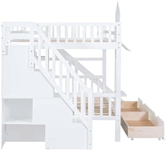 Aiuyesuo Castle Style Full-Over-Full Bunk Bed with 2 Drawers and 3 Shelves, Solid Wood Bunk Beds with Slide and Storage Staircase, Playhouse Low Bunk Bed for Kids Teens Boys Girls (White-O273)
