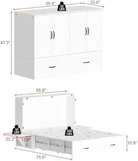 FAMAPY Full Murphy Bed with Drawer, Folded Cabinet Bed with Wheels & Black Metal Handles, Modern Murphy Bed Cabinet for Bedroom Guest Room White 75.6”L x 55.9”W x 41.3”H