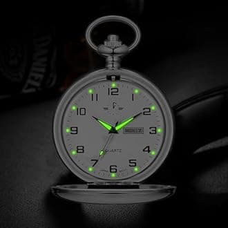 BOSHIYA Glatte Quarz-Taschenuhr für Herren, klassisch, arabisch, digital, leuchtendes Zifferblatt & Tagesdatum, Taschenuhr mit Kette, Weihnachten, Abschlussfeier, Geburtstagsgeschenke, Silver