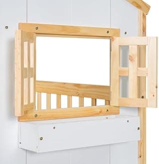 Bellemave House Bunk Beds Wood Twin Over Twin Bunk Bed Frame with Roof, Window, Door and Storage Boxes, Kids Playhouse Bed for Boys Girls Teens, Gray