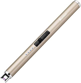 SUPRUS Electric Lighter Candle Type C Rechargeable Lighter with Upgraded LED Battery Display Safety Switch Flameless Plasma Windproof for Candle Cooking BBQs Fireworks Gift(Champagne Gold)