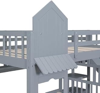 Full-Over-Full Bunk Bed, Castle Style Bunk Bed with 2 Drawers and 3 Shelves, Solid Wood Bunk Beds with Slide and Storage Staircase, Playhouse Low Bunk Bed for Kids Teens (Gray-O273)