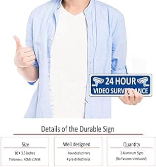 Video Surveillance Signs Outdoor, (2 Pack) Metal Security Camera Sign for Home, 10" x 3.5" Camera in Use Sign Outdoor, Blue Aluminum Monitoring Sign