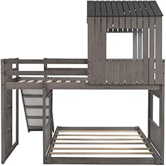 Twin Over Full House Bunk Beds with Full Size Bottom Platform Bed Frames and Slide, Antique Gray
