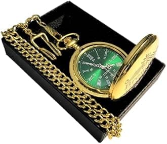 Engraved Rose Gold pocket watch, Green dial with Roman numerals, comes with the chain, fitted box and engraving. Vintage style pocket watch personalized (Gold Polished)