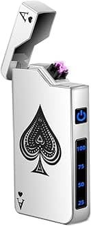 LcFun Electric Lighter - Rechargeable USB, Dual Arc Plasma, Windproof Flameless, Pocket Metal Lighter with LED Battery Indication for Candles, Camping (Silver Ace)