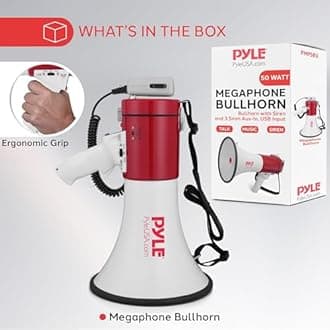 Megaphone Speaker PA Bullhorn - with Built-in Siren 50 Watts Adjustable Volume Control & Record Function - Ideal for Football, Baseball, Cheerleading Fans, Coaches or for Safety Drills PMP58U