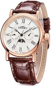 Time100 Men's Leather Strap Roman Numerals Watch Business Fashion Multifunctional Three Dial Waterproof Wrist Quartz Watches with Day/Night Indicator
