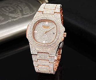 PINTIME Luxury Mens/Womens Unisex Diamond Watch Bling Iced-Out Watch Oblong Wristwatch Crystal Quartz Watch
