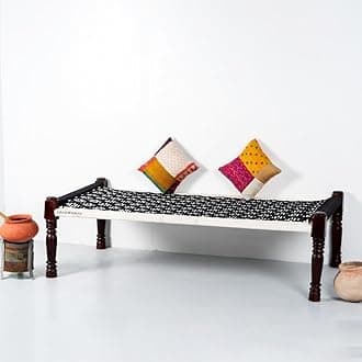 Solid Sheesham Wood Charpai Khat Bed | Wooden Khatiya Charpai Desi | Handcrafted Khatiya Bed with Cotton Rope | Strong Khat for Indoor & Outdoor Use | 6X3 Feet | Black and White