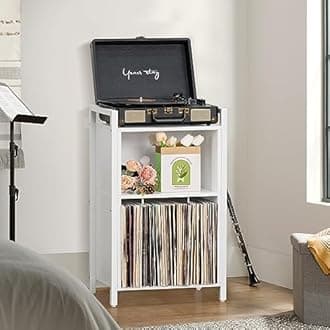 YAHARBO Record Player Stand, 3-Shelf Vinyl Record Holder with Storage, White Record Stand, Vintage Turntable Stand Holds Up to 100 Albums,Record Table with Handle for Living Room,Bedroom