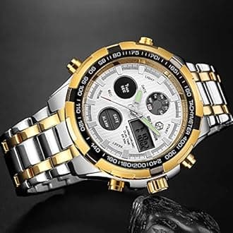 Tamlee Luxury Full Steel Analog Digital Watches for Men Led Male Outdoor Sport Military Wristwatch (Silver Gold White)