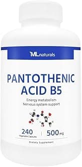ML Naturals Pantothenic Acid B5 240 Vegetable Capsules. Energy Metabolism, Nervous System Support, Third-Party Lab Tested