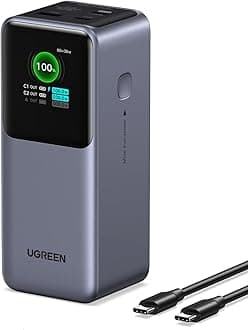 UGREEN Mobile Battery, 20,000 mAh, Large Capacity, 130 W, Rapid Charging, 3 Ports: USB-C x 2, USB-A x 1, Innovative TFT Display, PD and PPS Compatible, Large Capacity, Vertical Design, Pass-Through/Low Current Modes, PSE Technology Standards Compliant, iPhone 17/16/15/Galaxy S26 Ultra/Macbook/Windows/Notebook/iPad/iPad/Android/Smartphone/Notebook Passport