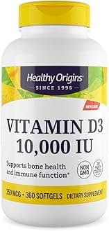 Healthy Origins Vitamin D3 (Lanolin) 10,000 IU Softgel - 1 Year Supply - Bone Health and Immune Support Supplement - Easily Absorbable Vitamin D - Gluten-Free Vitamin D3 Supplement - 360 Softgels