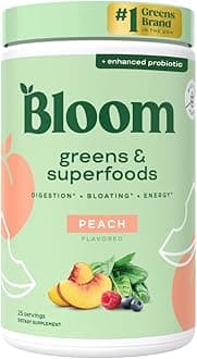 Bloom Nutrition Superfood Greens Powder, Digestive Enzymes with Probiotics and Prebiotics, Gut Health, Bloating Relief for Women, Chlorella, Green Juice Mix with Beet Root Powder, 25 SVG, Peach