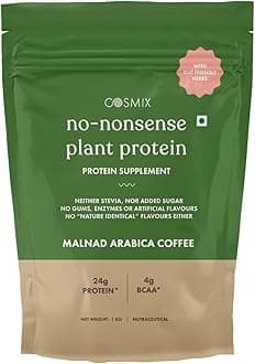 Cosmix No-Nonsense Plant Protein | 24 Protein/Serve, 1Kg Pouch | Malnad Arabica Coffee | Plant Based Protein, Pea & Rice Isolate | Clean, Easy to Digest | All Essential Amino Acids