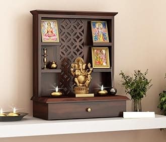 Santosha Decor Wall Mounted, Free Stand, Pooja, Mandir, Sheesham (Rosewood) Solid Wood Home Temple (Walnut Finish)