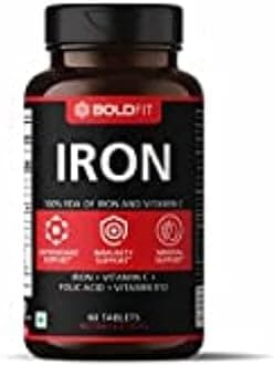 Boldfit Iron supplement for women & Men with Vitamin c, folic acid & Vitamin B12 - Iron tablets help support Blood Building - 60 Veg tablets