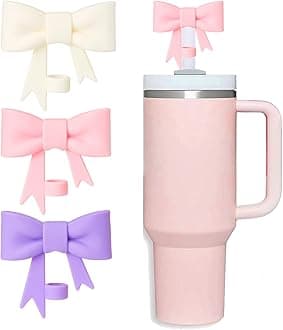 HIUSITY Bow Straw Cover Topper for Stanley Cup,Silicone Straws Toppers for Tumbler with Handle 40oz,Cute 10mm/0.4in Covers Cap,Dust-Proof Reusable Lids for Stanleys Cups Accessories,Pink