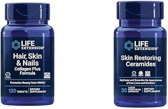 Life Extension Hair, Skin & Nails Collagen Plus Formula 120 Count & Skin Restoring Ceramides 30 Liquid Vegetarian Capsules