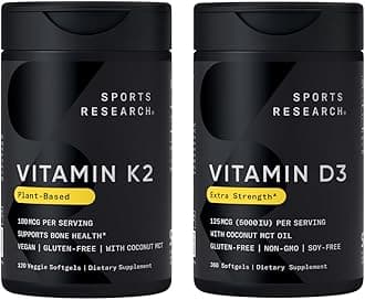 Sports Research® Heart and Bones Pack - High Potency Vitamin D3 5000iu (125mcg) Supplement + Vitamin K2 as MK-7 100mcg with Coconut MCT Oil