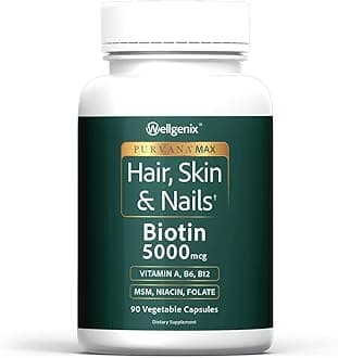 Purvana MAX Hair Skin and Nails Supplement – 5000mcg Biotin with MSM & B-Complex – Supports Thicker Hair, Stronger Nails & Glowing Skin – 90 Veggie Capsules