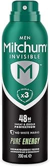 Mitchum Invisible Men 48HR Protection Aerosol Deodorant & Anti-Perspirant, No White Marks, Alcohol Free, Pure Energy, 200 ml