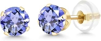 Gem Stone King Solid 14K Gold Genuine Natural Tanzanite Stud Earrings for Women Men | Gemstone Birthstone | Round 5MM | Gold Earrings | 1.00 Cttw