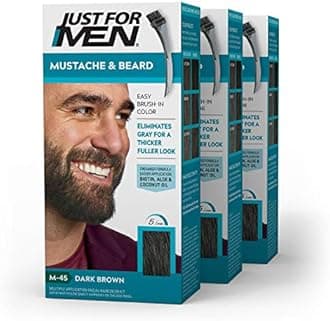 Just For Men Mustache & Beard, Beard Dye for Men with Brush Included, With Keratin Biotin Aloe and Coconut Oil for Healthy Facial Hair - Dark Brown, M-45, Pack of 3 (Packaging May Vary)