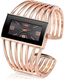 WeicamWomen Luxury Cuff Bracelet Rectangular Dial Hollow Analog Quartz Wrist Watch for Ladies