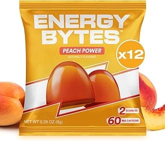 Energy Bytes Caffeine Gummies | Instant Energy Chews for Running, Cycling and Sports Performance | Vegan, Low Sugar | Peach Power (12-Pack)