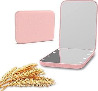 Wheat Straw Pocket Mirror, 1X/3X Magnification Travel Mirror for Purse, Folding Handheld Mirror, Small Lighted Compact Mirror for Gift, Pink