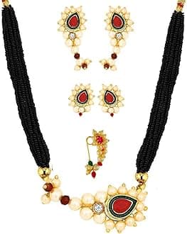 Maharashtrian Jewellery Marathi Nath Mangalsutra Set With Earrings For Women, Gold Plated