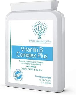 Vitamin B Complex Plus - 90 Capsules - Superior Methylated Formula with Added Choline, PABA & Inositol - Includes Essential Multi B-Vitamins B1, B2, B3, B5, B6, B12, Biotin & Folate