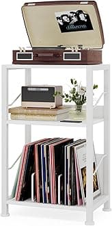 Hosfais 3 Tier Record Player Stand, Retro Vinyl Record Storage End Table Records Shelf for Living Room Bedroom (White)