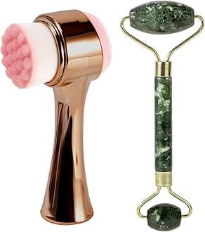Face Brush 2 in 1, Silicone Facial Cleansing Exfoliating Brush Soft Bristles Pore Deep Cleansing, Jade Face Roller Skin Care Tools, Manual Dual Face Wash Scrub Brush Massaging Gift, Gold Green