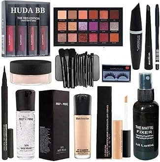 Professional Makeup Combo Kit Concealer, Red Edition Lipstick,Primer,Foundation,Eyeliner,Mascara,Eyebrow Pencil, Sketch Eyeliner,Face Powder,Makeup Brush,Eyelashes With Makeup Fixer Set Of 16