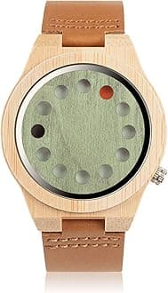 Men's Bamboo Wooden Watch with Black Cowhide Leather Strap 12 Holes Timer Design Sports Casual Watches