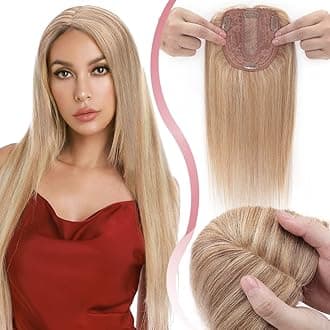 Elailite Human Hair Toppers For Women uk Real Hair Silk Base Clip in Crown HairPiece Toupee - Extensions For Thinning Hair (#12/613 Golden Brown Mix Bleach Blonde, 18 Inch)