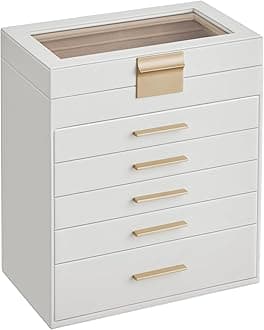 UJBC171W01 6 Tier 5 Drawer Jewellery Box with Glass Lid for Sunglasses Large Jewellery Storage Modern Style Cloud White and Gold