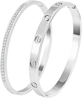 Silver Bracelet Stack for Women - 2Pcs 18K Gold Plated Love Bangle Crystal Friendship Bracelet Jewelry,Mothers Day Valentines Birthday Christmas Jewelry Gifts for Mom Her Wife Grandma.