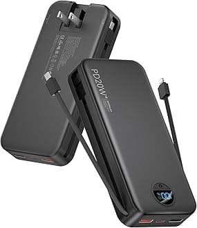 Portable Charger Power Bank, 20000mAh PD20W USB C Fast Charging with Built-in Cables & Wall Plug, External Battery Bank with LED Display, Travel Essential for iPhone, iPad, Samsung Black
