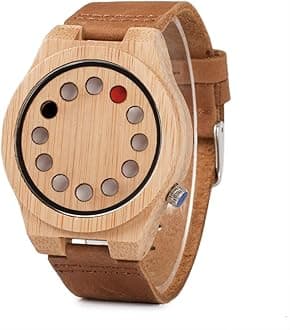 Men's Bamboo Wooden Watch with Black Cowhide Leather Strap 12 Holes Timer Design Sports Casual Watches