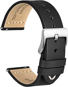 WOCCI 17mm Old-fashioned Watch Band for Men, Top Grain Leather, Silver Brushed Buckle (Black)
