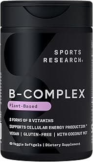 Sports Research® Vitamin B-Complex - Full Spectrum of B Vitamins with Methylated B12 & Folate - Gluten Free · Plant-Based · Non-GMO · Vegan-Friendly Formula - 60 Veggie Softgels