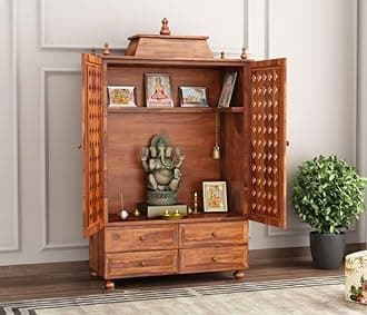 Handcrafted Sheesham Wood Temple with Honey Oak Finish | Solid Wood Pooja Mandir with Storage Drawer | Traditional Home Mandir for Spiritual Spaces